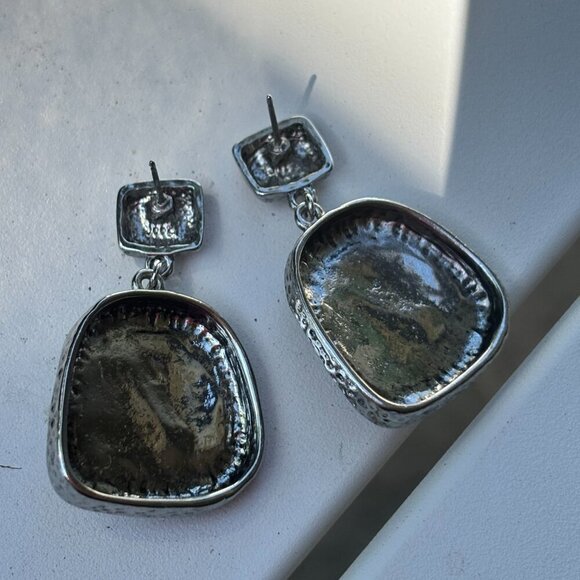 Sodalite Bold Blue Hammered Boho Silver Tone Metal Dangling Earrings - Picture 4 of 6